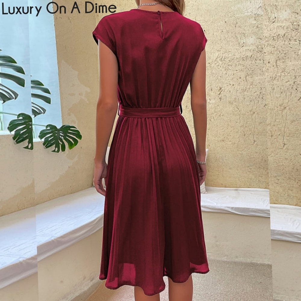 Retro Pleated Classy Modest Short Sleeve Knee Length Belted Midi Dress - Picture 2 of 12